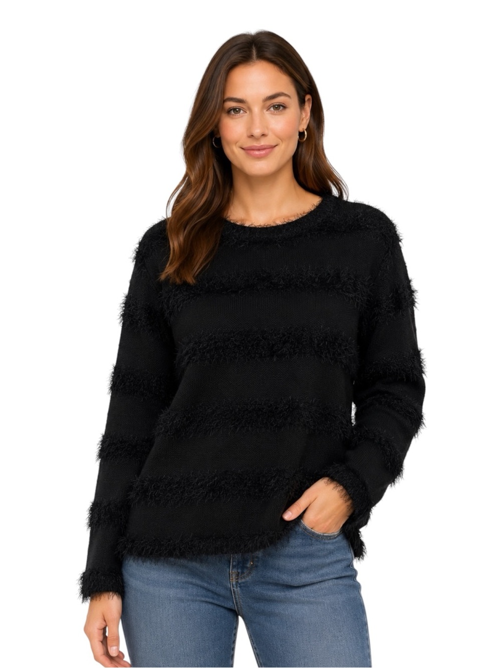 Joseph A. Black Fuzzy Textured Stripe Knit Sweater Size Large